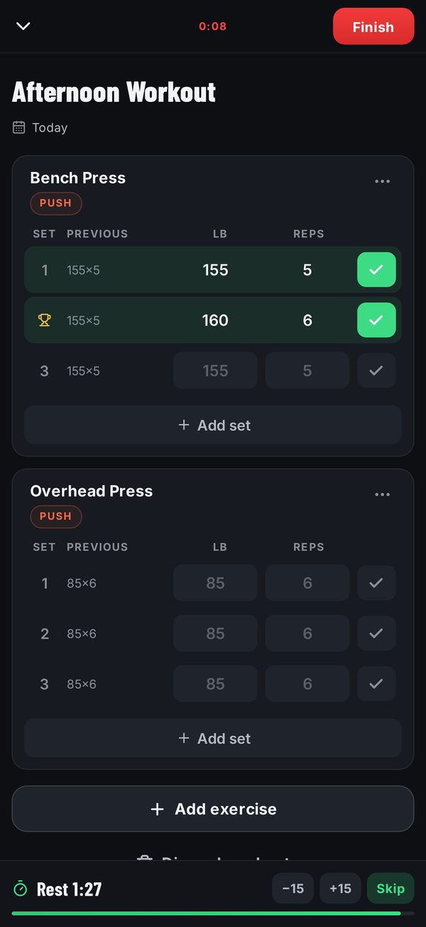 The workout logger: Bench Press with a 160 lb by 6 set marked as a personal record, Overhead Press below, and a rest timer