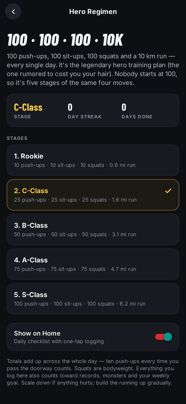 The Hero Regimen screen: 100, 100, 100, 10K, with five stages from Rookie to S-Class